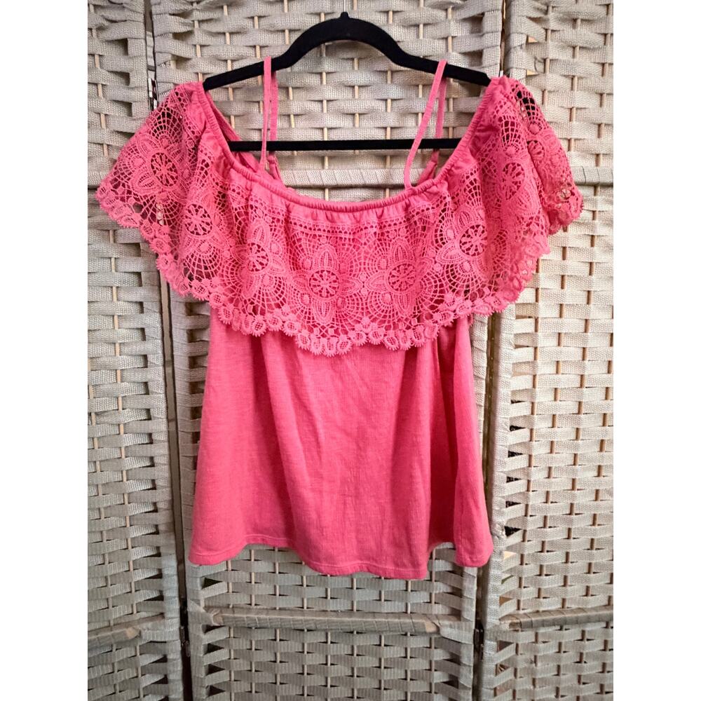 No Boundaries Junior Girl Top XXL 19 Pink Off Shoulder Crochet Lace Ruffle Trim